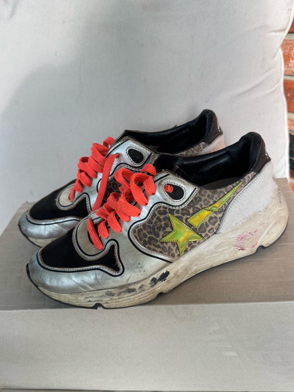Running Sole Leopard Accent Sneakers with Neon Yellow & Coral Laces